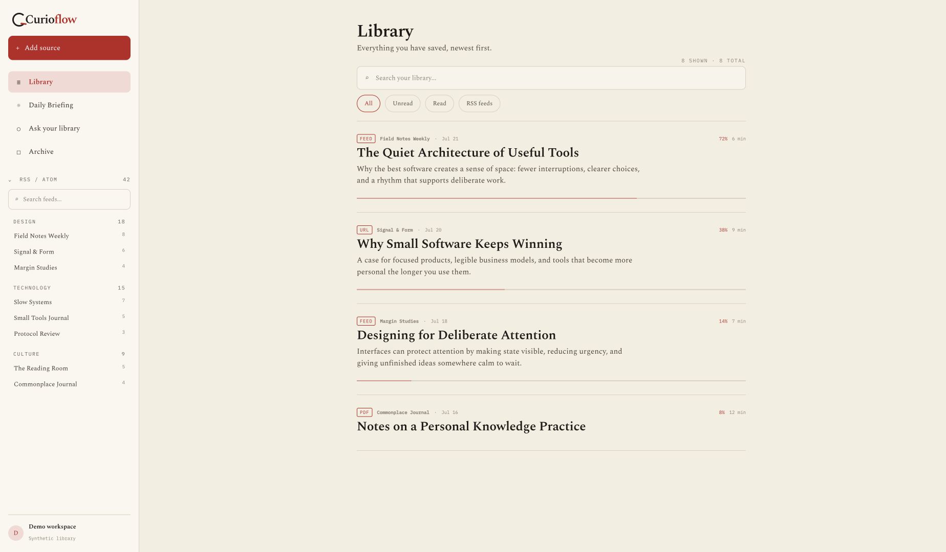 Curioflow library showing saved reading and feed items